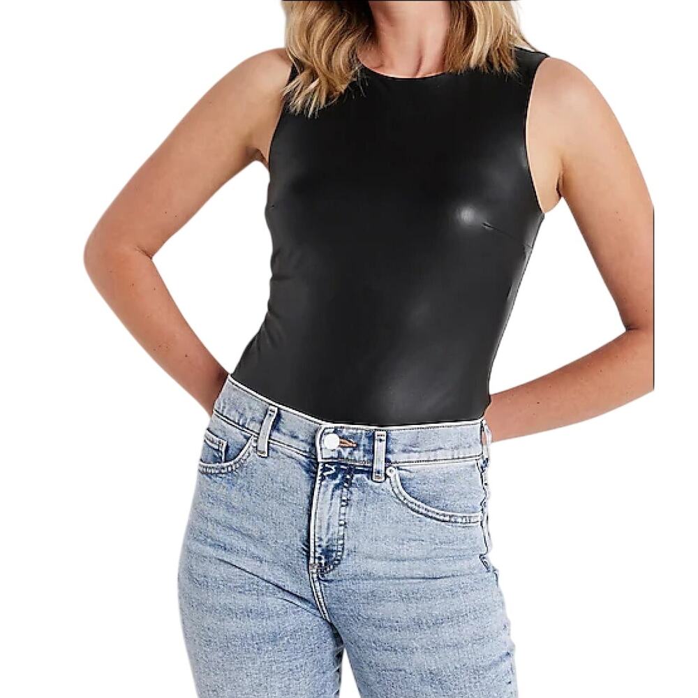 Express Body Contour Faux Leather High Neck Bodysuit Black Medium